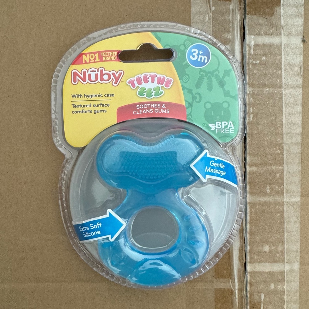 3 Nuby Silicone Teethe-EEZ Teether with Bristles, Includes Hygienic Case, Blue